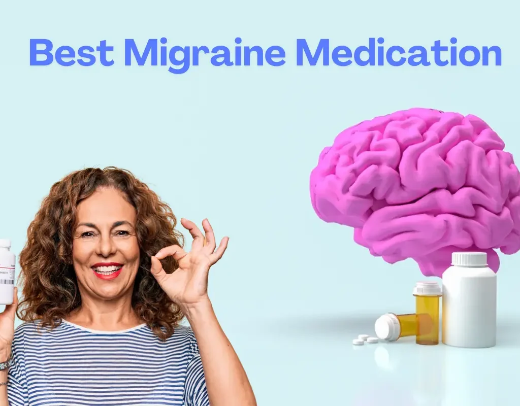 woman holding white color Migraine Medication Bottle, pink brain image in front of many migraine medication lying